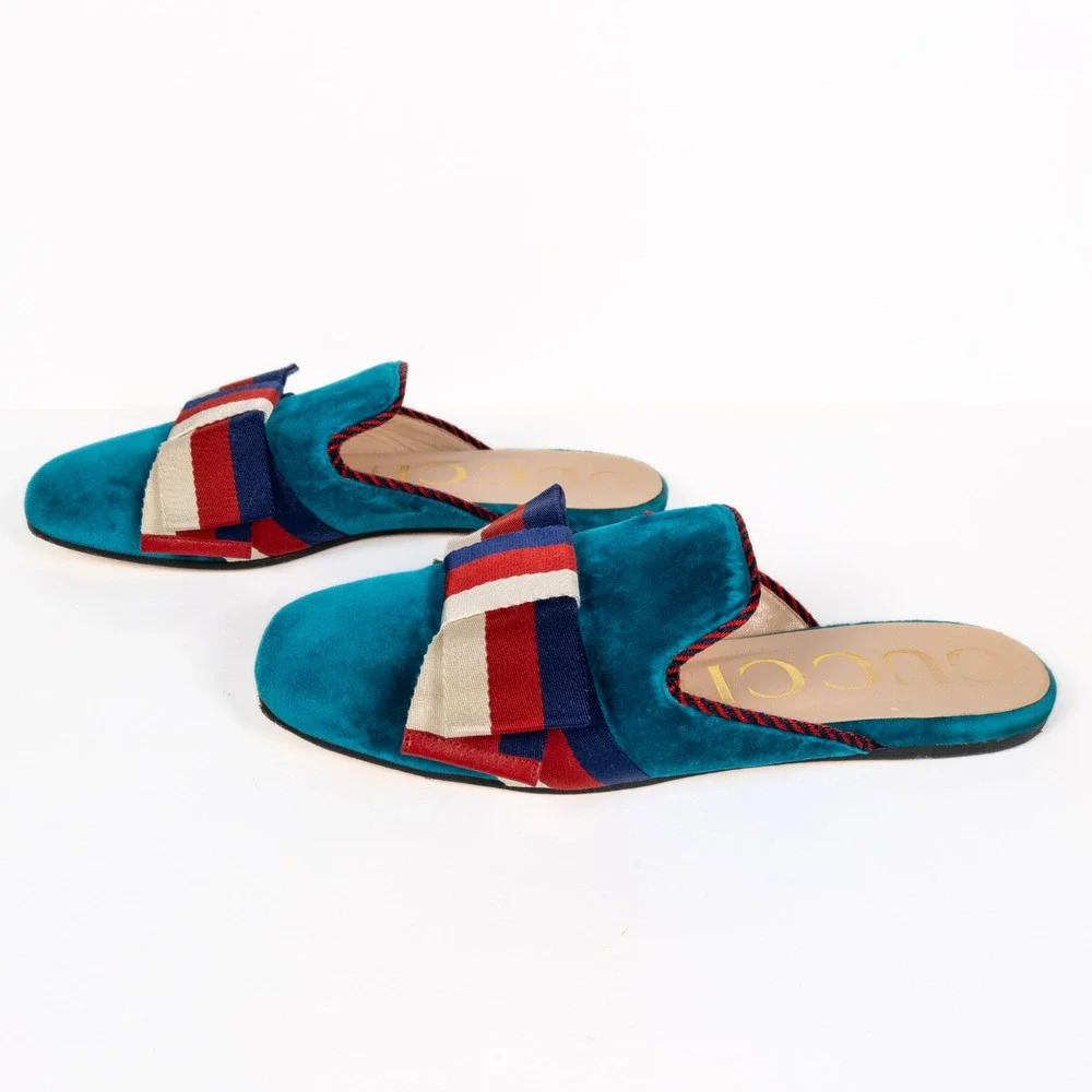 GUCCI Sylvie Bow Velvet Mule Flat Slippers in Pavone Red Blue Women's EU 37.5 - Picture 6 of 11